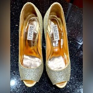 Badgley Mischka Humbie II 2 Gold Sparkle Peep Toe Platform Leather